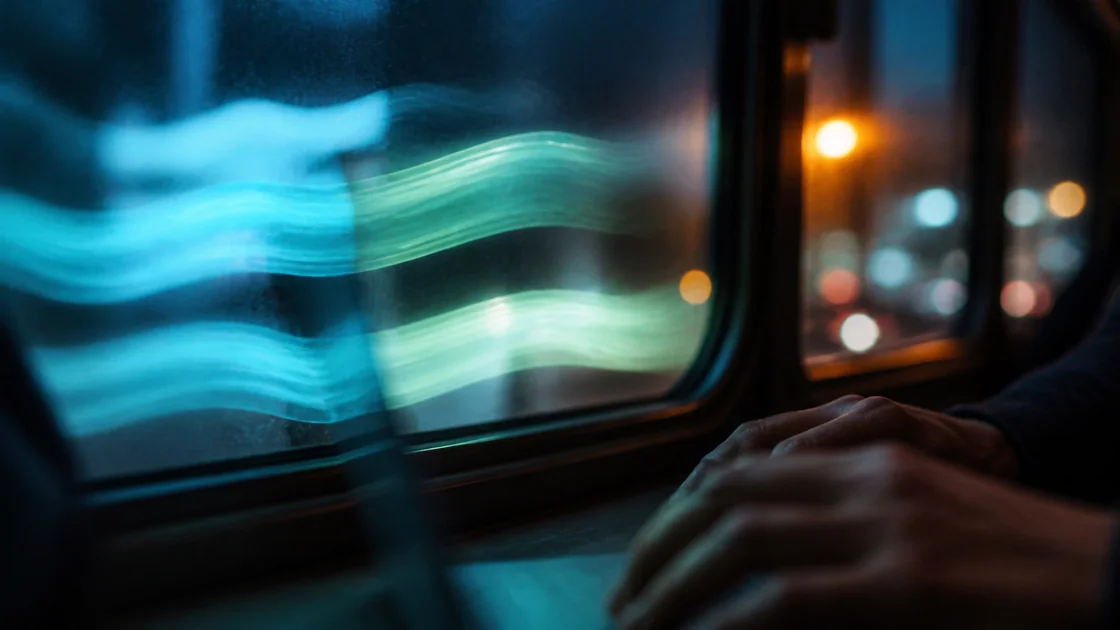 Defocused hands typing beside layered reflections in a night bus window