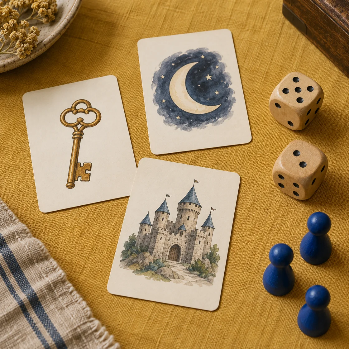 Illustrative tabletop game with dice, blue wooden pieces, and story cards showing a key, a moon, and a castle.