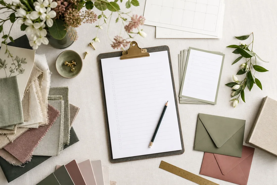 Wedding checklist papers, fabric samples, flowers, envelopes, and calendar cards arranged on a table.
