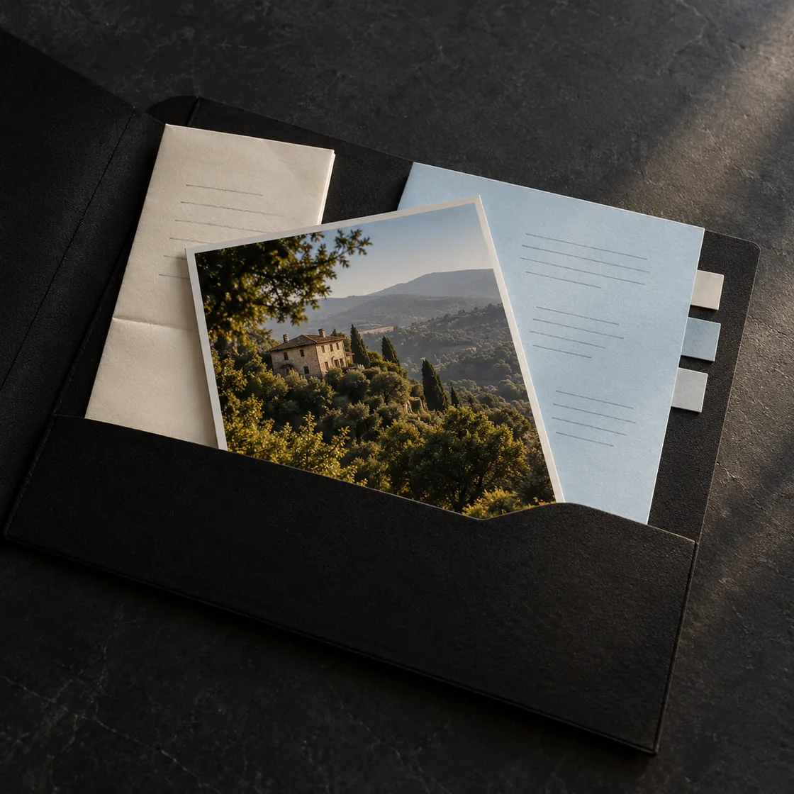 A black document wallet holds a folded letter, a hillside photograph and a blue research sheet.