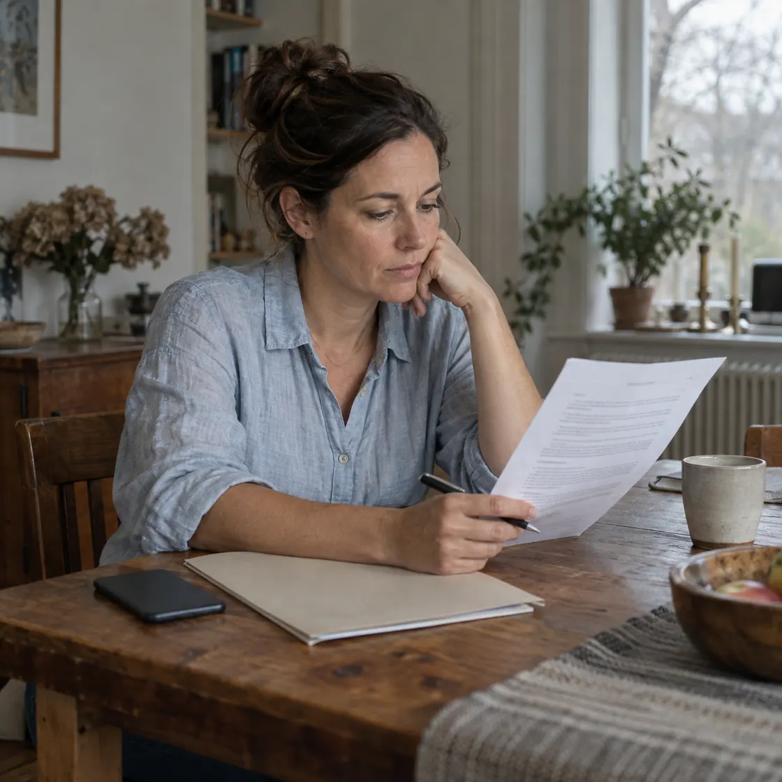 Woman reviewing a printed resume with a pen and a phone nearby.