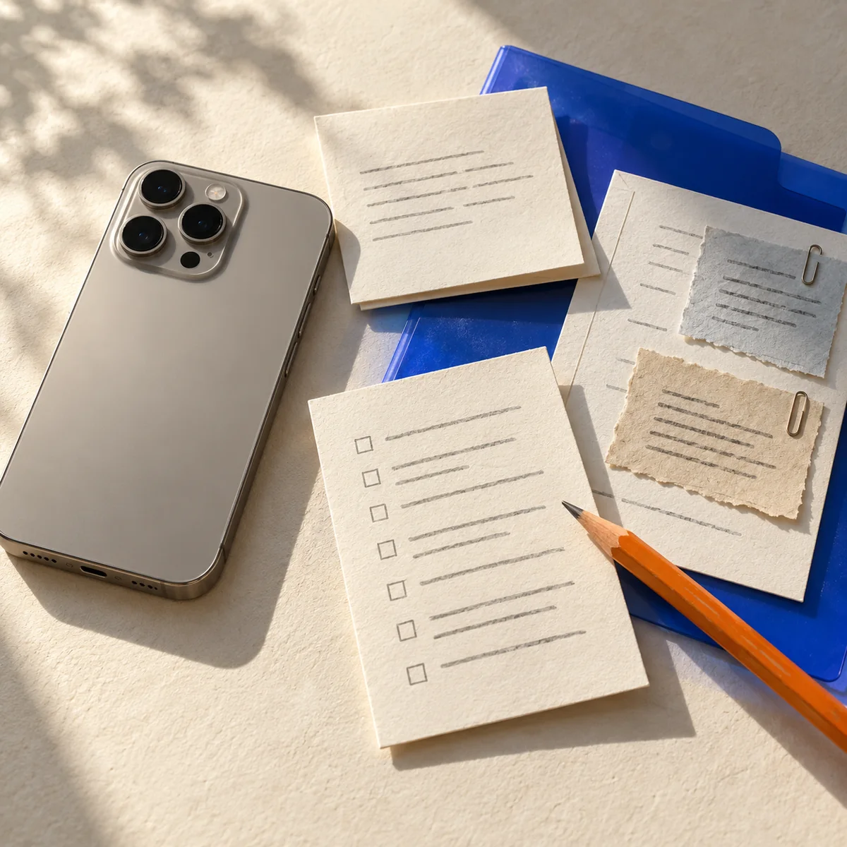 A screen-down phone beside paper task cards, a cobalt folder and an orange pencil on an ivory desk.