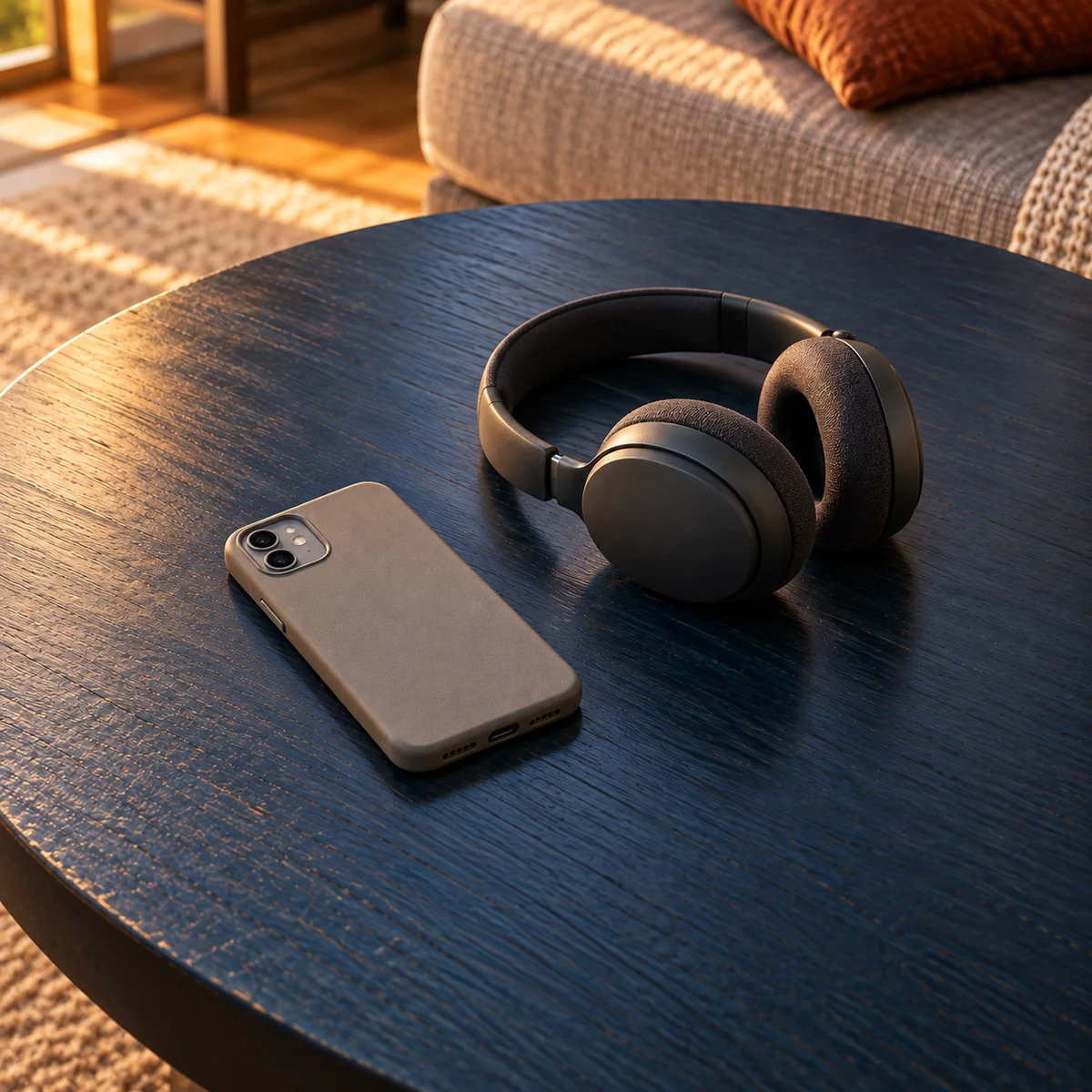 Face-down phone beside charcoal headphones on a blue side table in warm window light