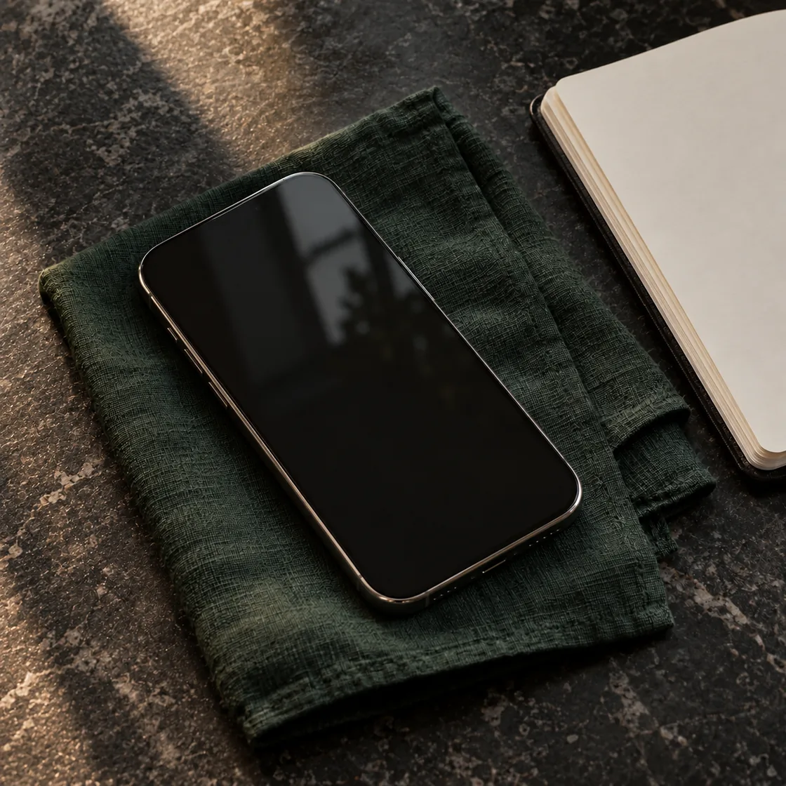 A screen-off iPhone beside an open notebook on a dark stone table in window light.