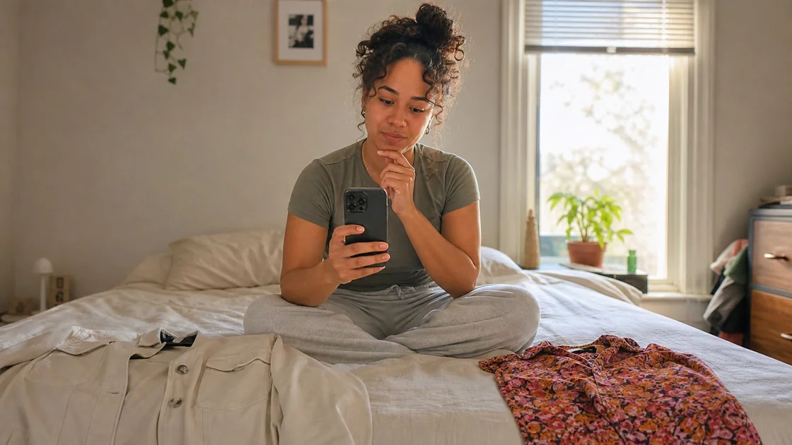 Young woman using an iPhone while choosing between casual outfits at home