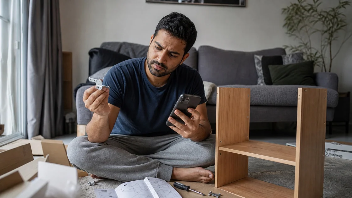 Man consulting a phone and printed instructions while assembling a shelf.