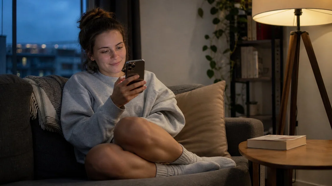 Woman using a phone while sitting on a sofa at home.