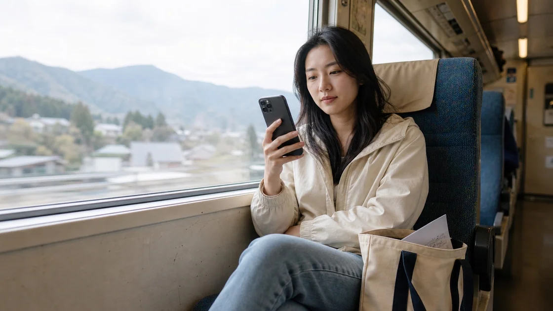 Woman consulting a phone while travelling by train.