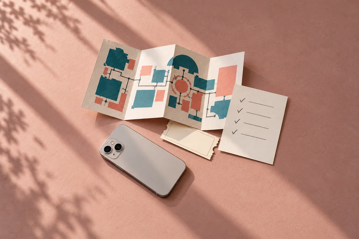 Folded gallery map and admission ticket beside a checked visit-planning card and face-down phone