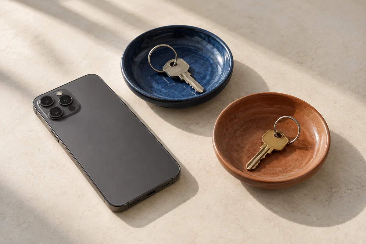 Two separate keyrings on cobalt and terracotta trays beside a screen-down phone