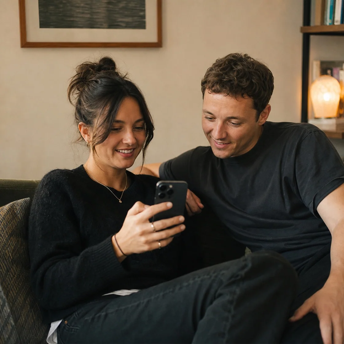 Two people looking at a phone together on a sofa.