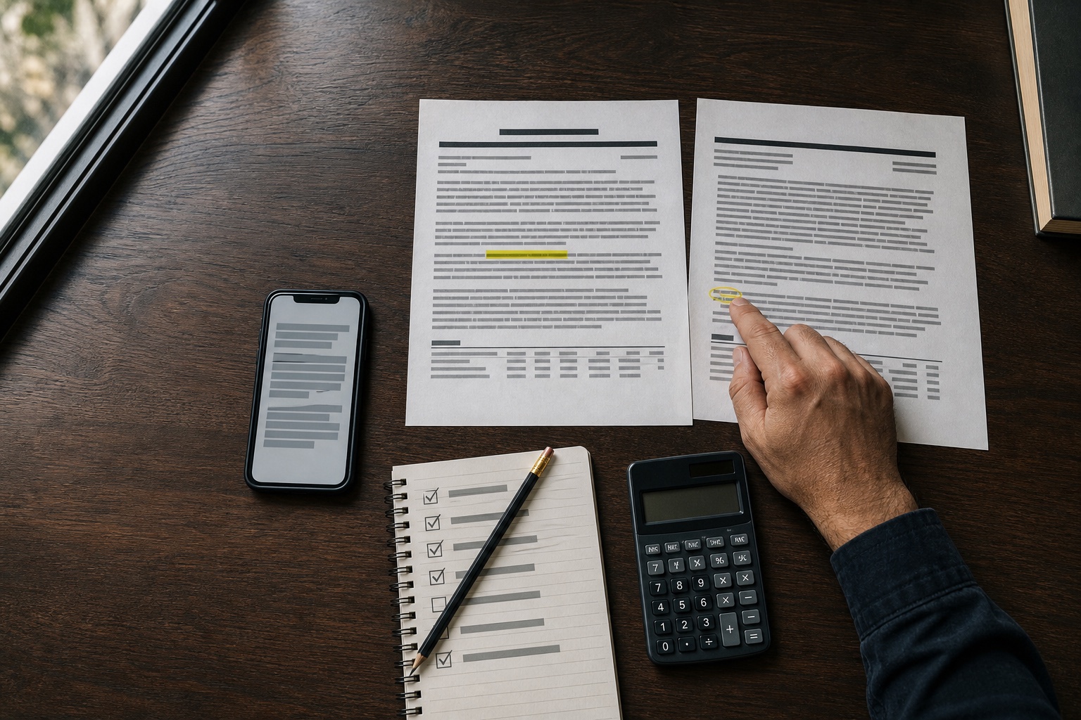 Printed source pages, handwritten review notes, calculator, and iPhone arranged for checking an AI answer