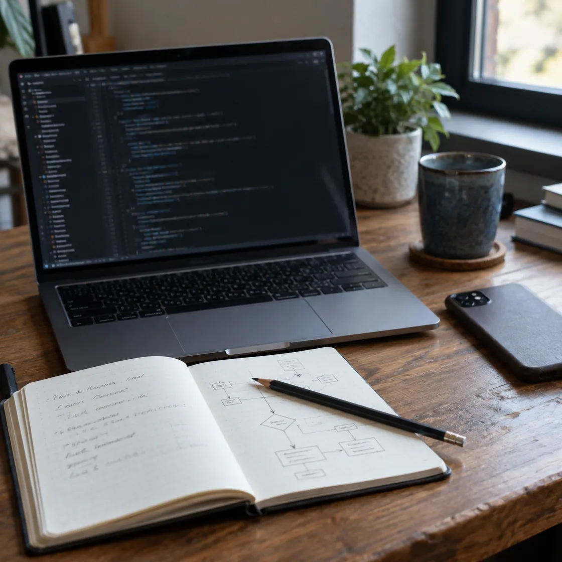 Laptop, flowchart notebook, and phone arranged for reviewing code.