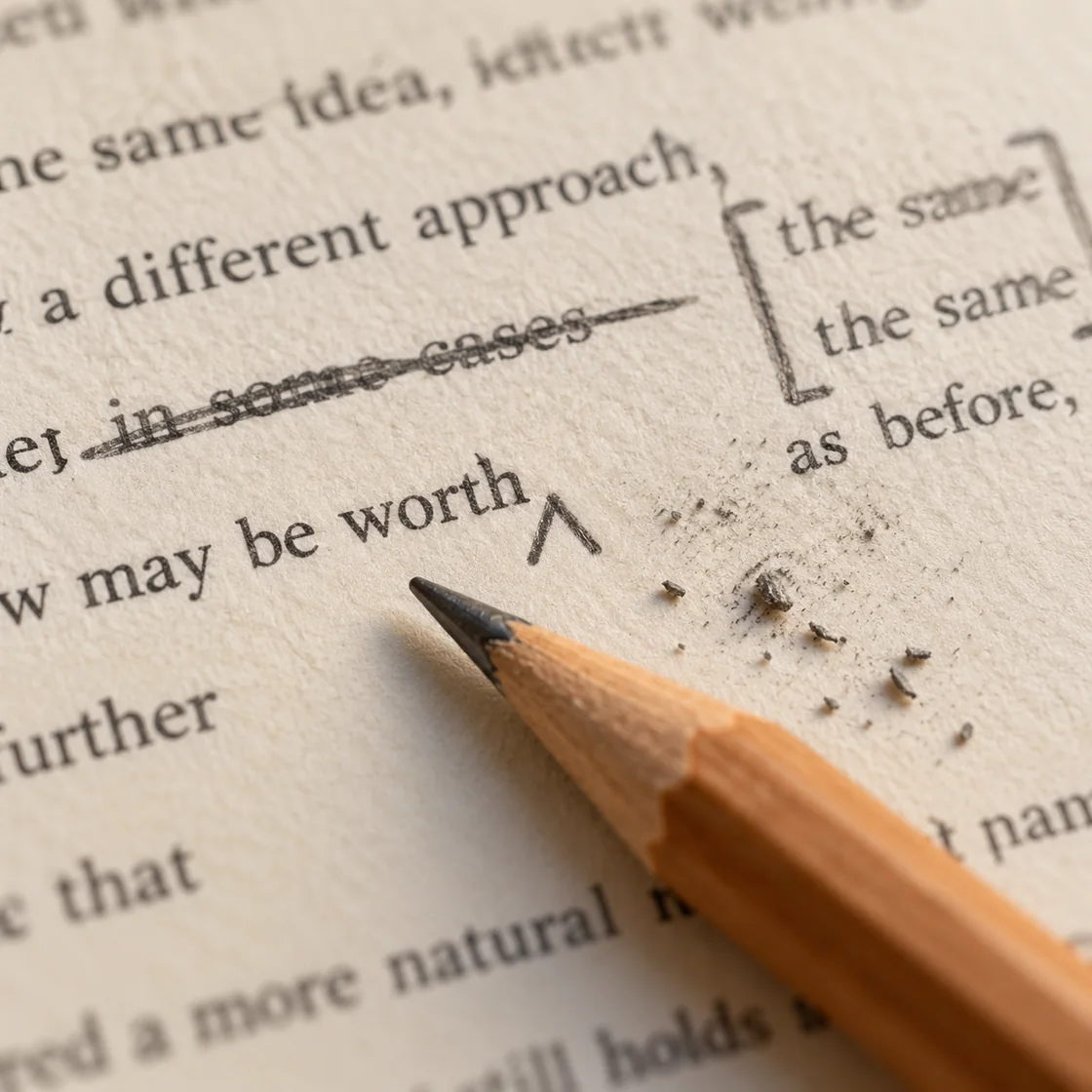Graphite pencil, revision marks and eraser crumbs on a printed draft.