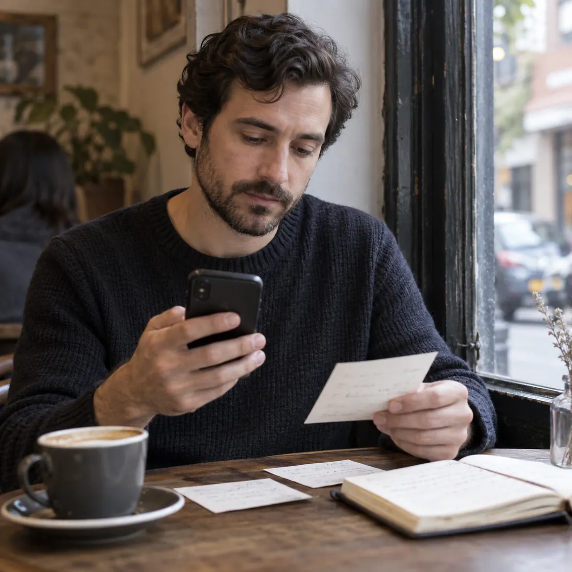Man checking handwritten reply notes while using a phone at a cafe.