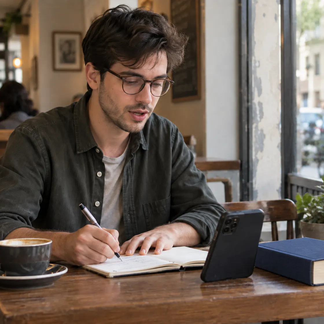 Learner practicing language with a notebook, dictionary, and phone.