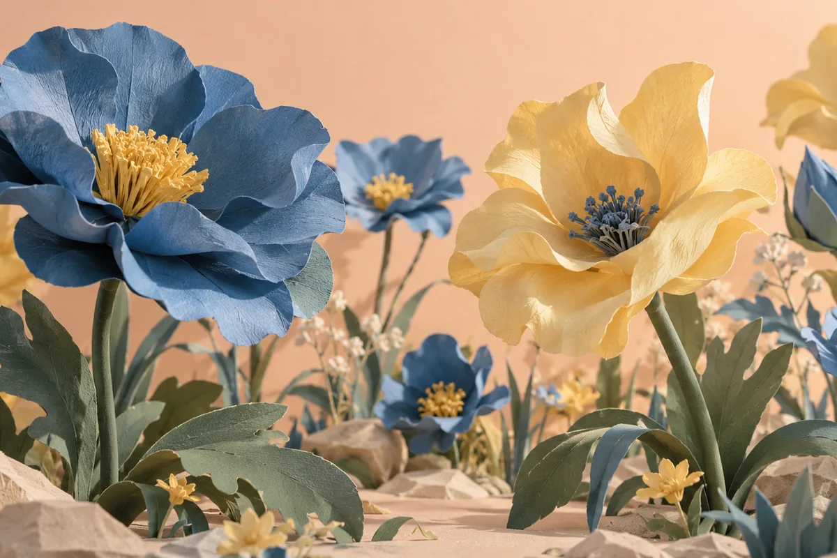 Illustrative paper garden with blue and yellow flowers against a peach backdrop.