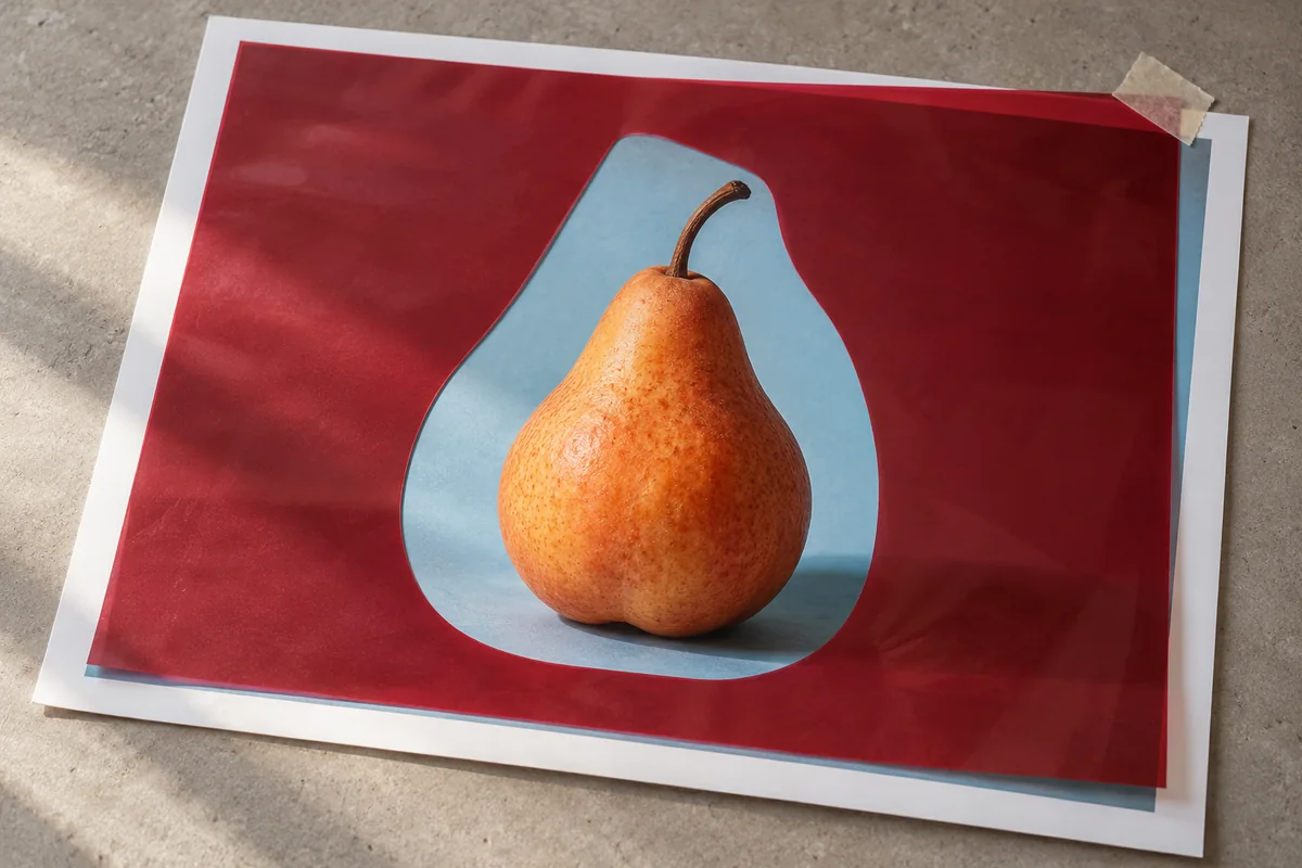 Illustrative printed pear photograph beneath a translucent red masking sheet, with the fruit left uncovered.