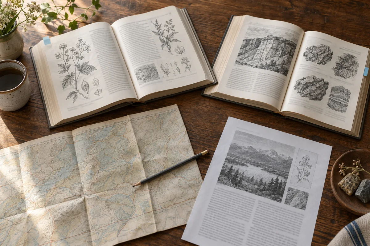Illustrative research table with open books, a folded map, and a printed article arranged for comparison.