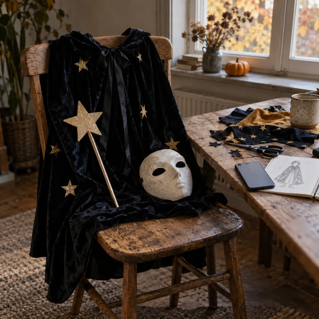 Handmade cape, mask, wand, and costume sketch beside a phone.
