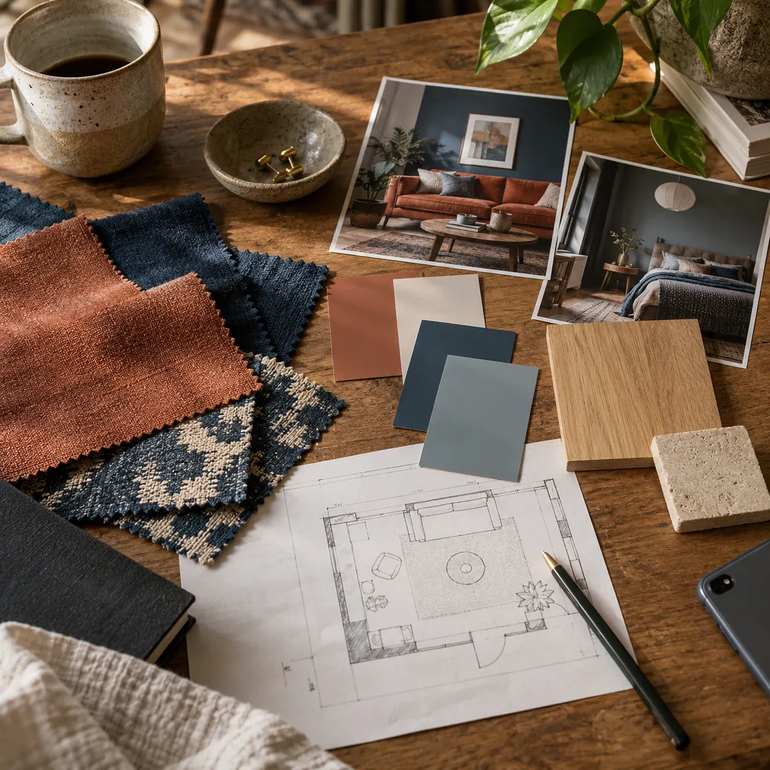 Fabric, paint, wood, room photographs, and a floor plan forming an interior mood board.