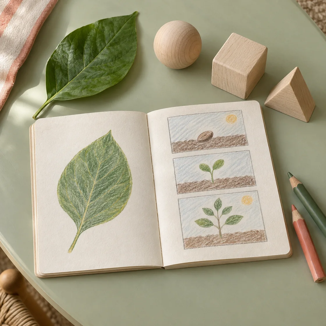 Illustrative learning table with large wooden shapes, a leaf study, an open drawing notebook, and colored pencils.