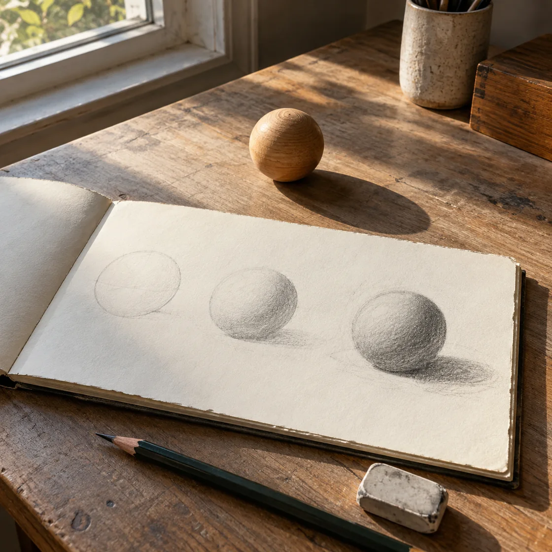 Illustrative drawing practice desk with a small wooden sphere and pencil studies of its outline, shading, and shadow.