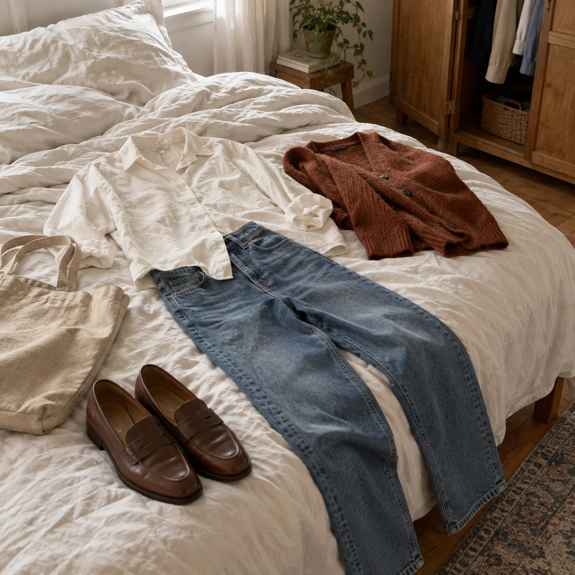 Illustrative outfit planning scene with a cream shirt, blue jeans, rust cardigan, brown loafers, and a simple canvas bag.