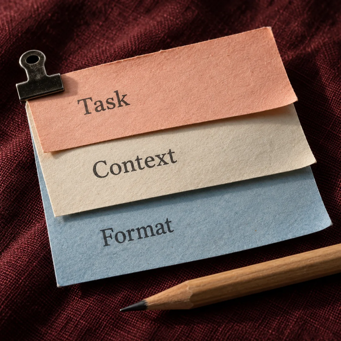 Three paper slips labelled Task, Context, and Format, clipped together beside a pencil.
