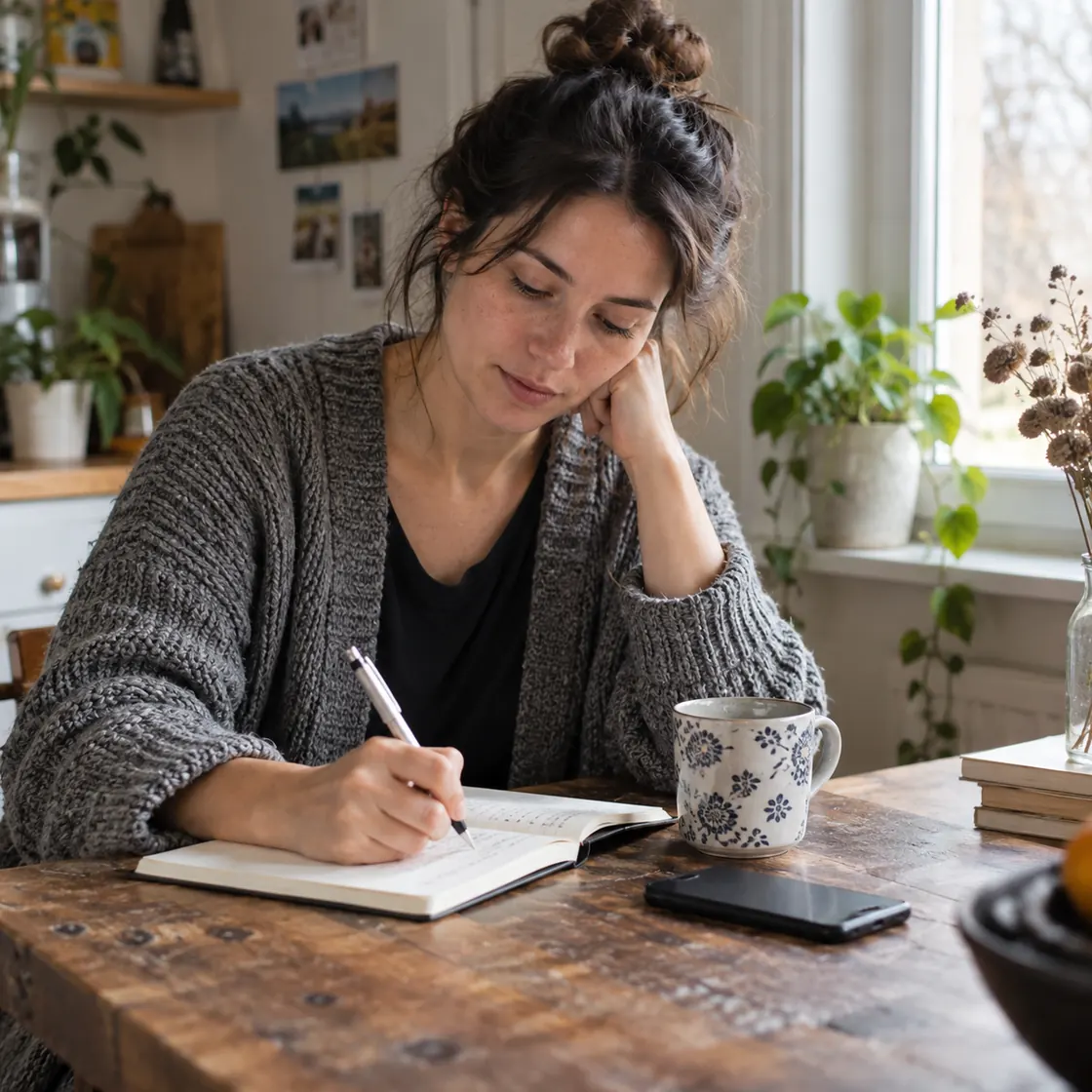 Person writing in a journal beside a phone in soft morning light.