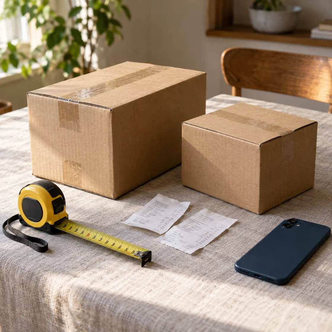 Two parcels, receipts, a tape measure, and a phone on a table.