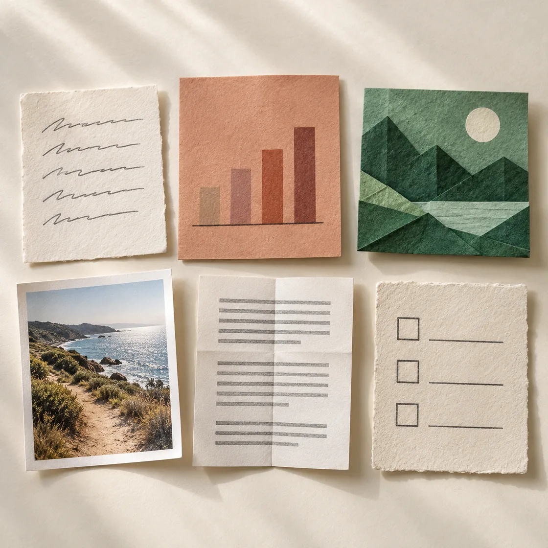 Six paper task samples: a reply card, chart, landscape illustration, coastal photo, source sheet and checklist.