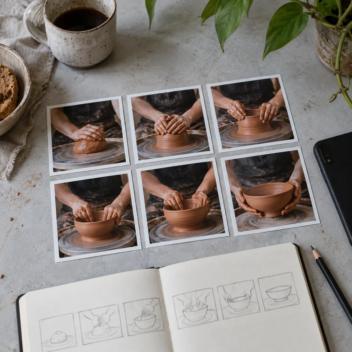 Ceramic-making photographs arranged as a storyboard beside a sketchbook and phone.