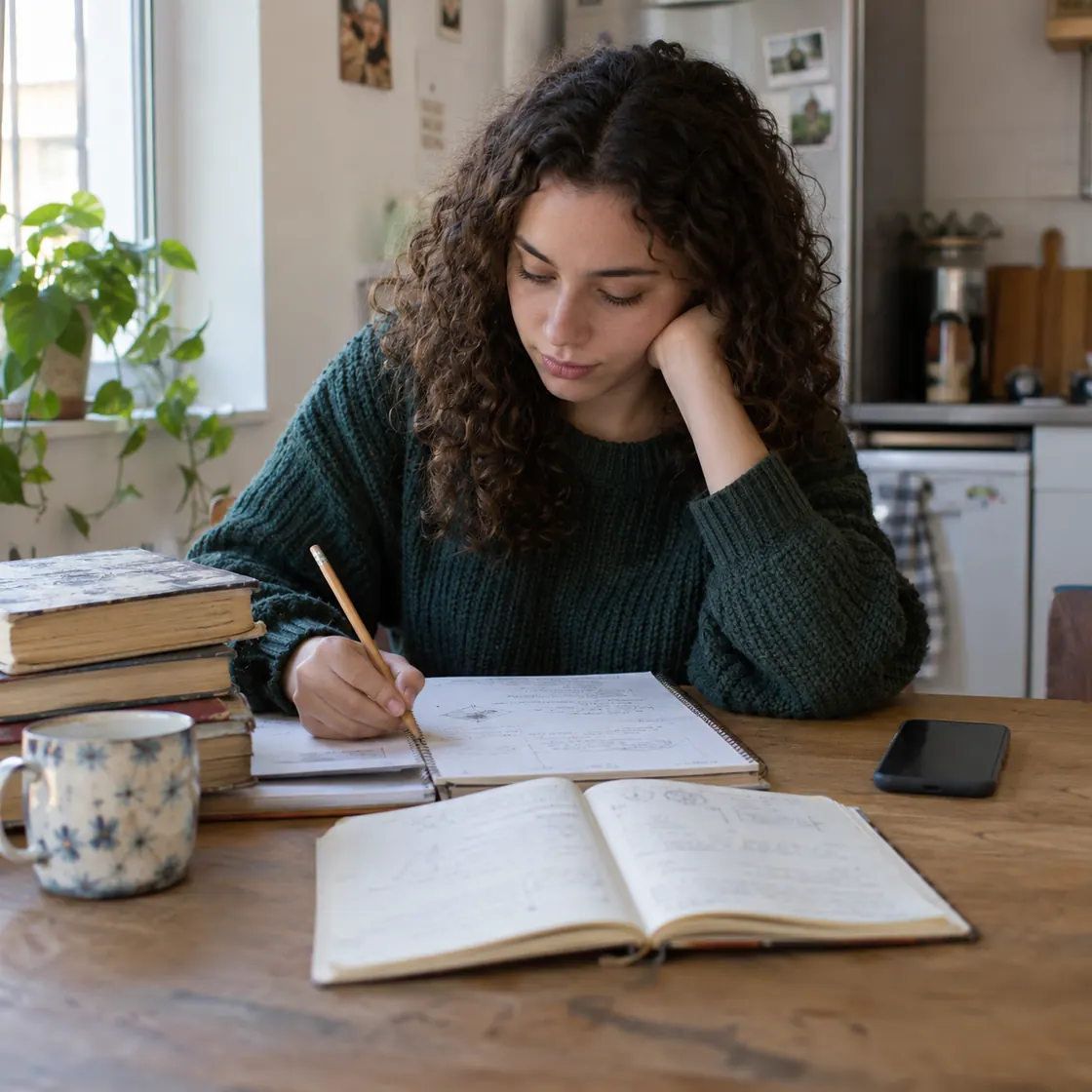 Student reviewing handwritten study notes beside a phone and textbooks.
