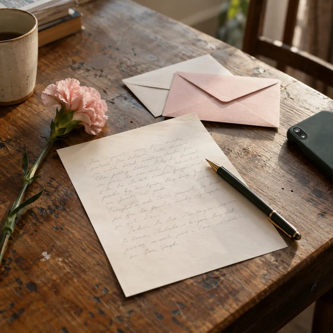 Personal letter, envelopes, pen, flowers, and a phone on a wooden table.
