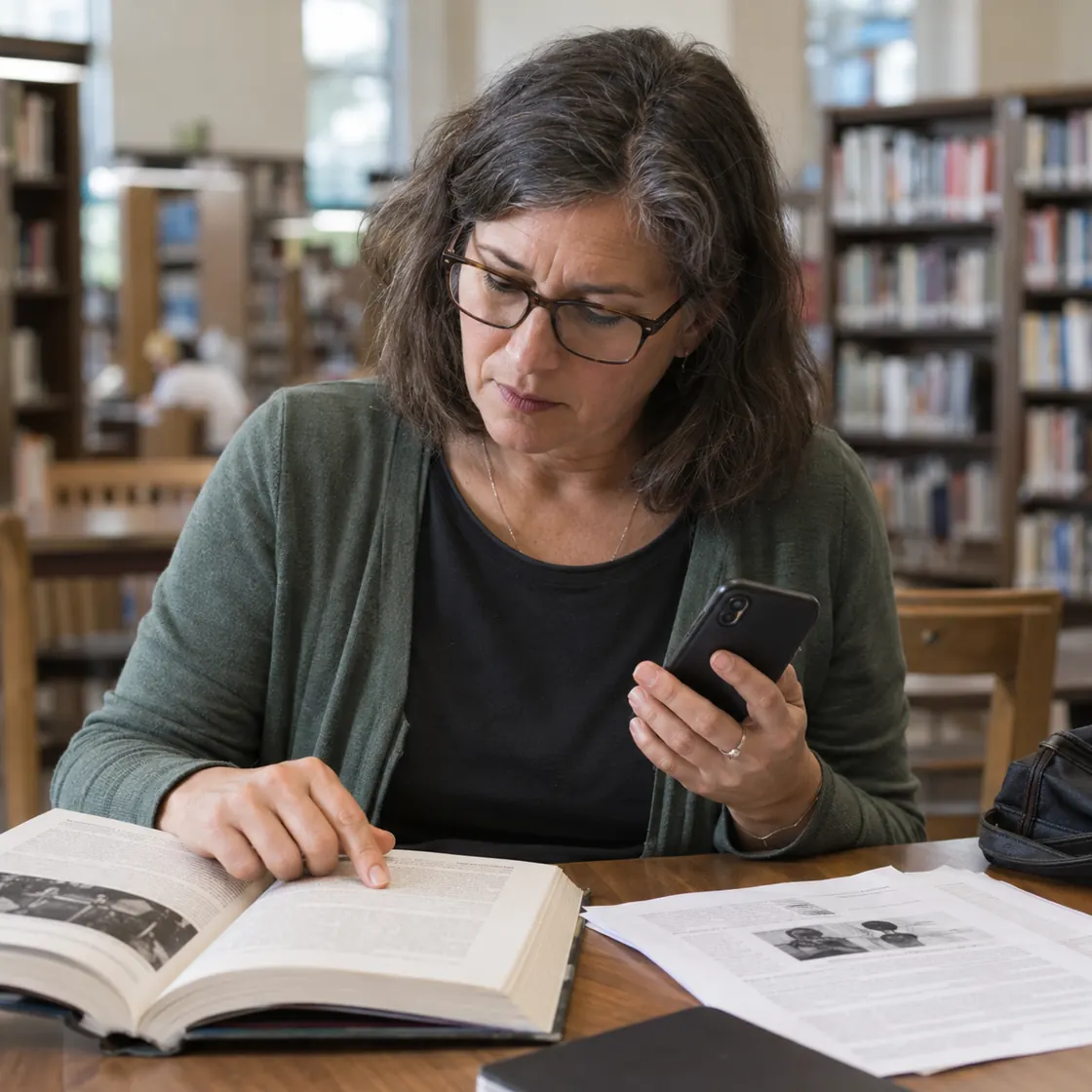 Reader comparing a printed article with a book while holding a phone.