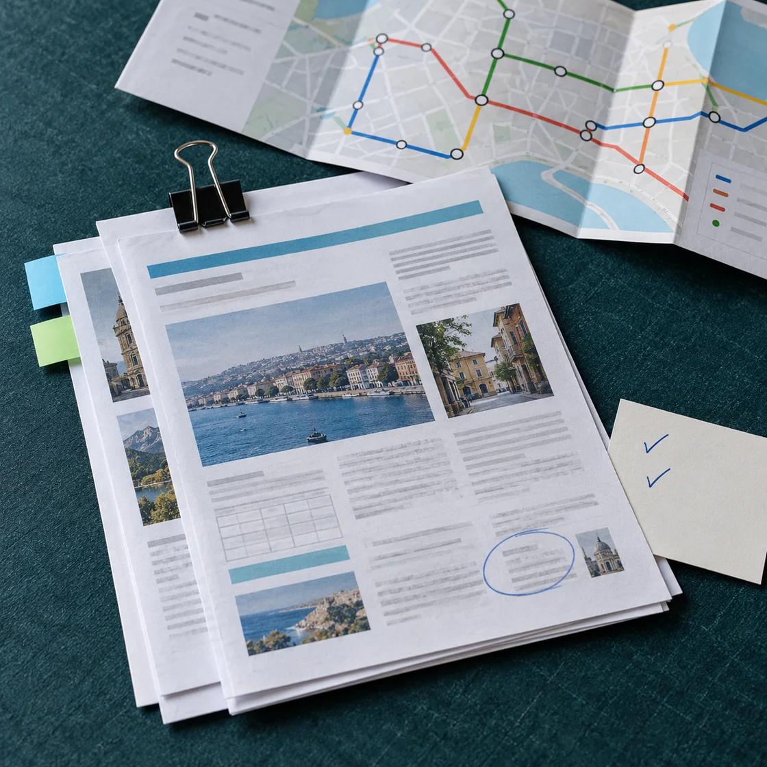 Tabbed travel source sheets and a folded transit leaflet on a teal surface.