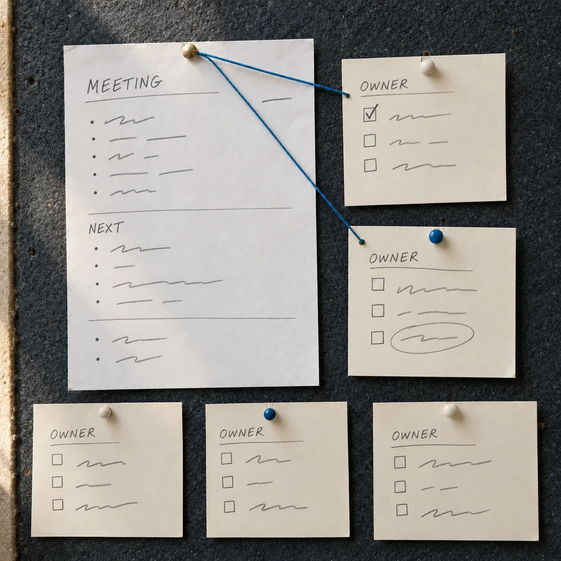 Meeting brief and owner action cards connected on a charcoal pinboard.