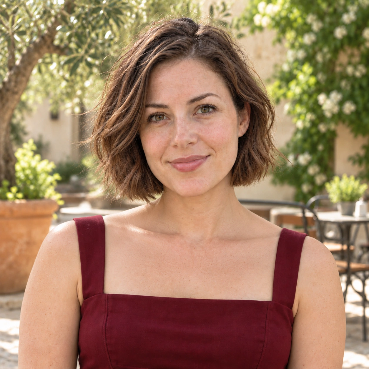 The same woman with a short brown bob, retaining the burgundy dress and café background.