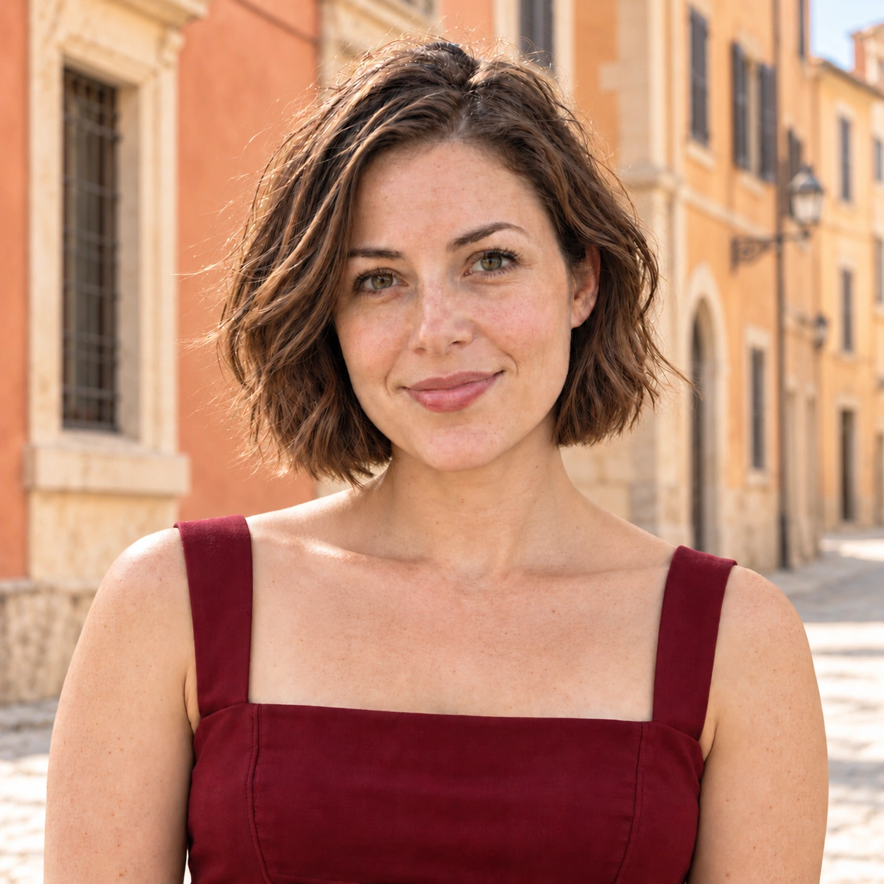 The same close-up woman, burgundy dress and short brown bob, now on a warm city street without greenery.