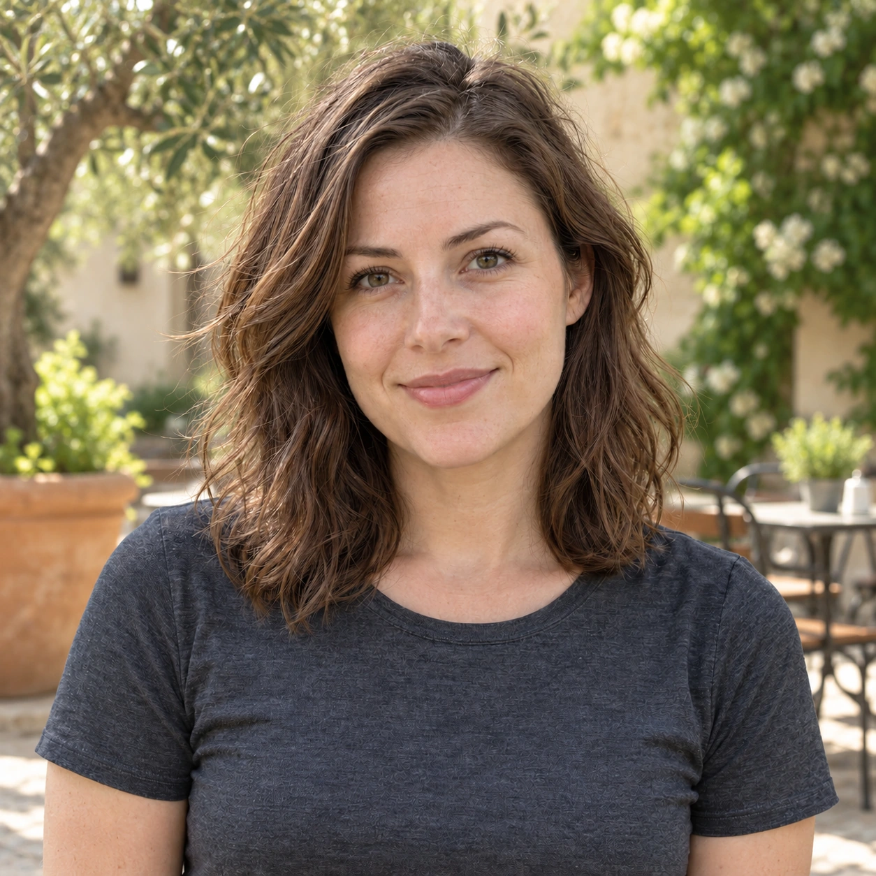 Close-up example portrait of a woman in a gray T-shirt at a leafy café courtyard.